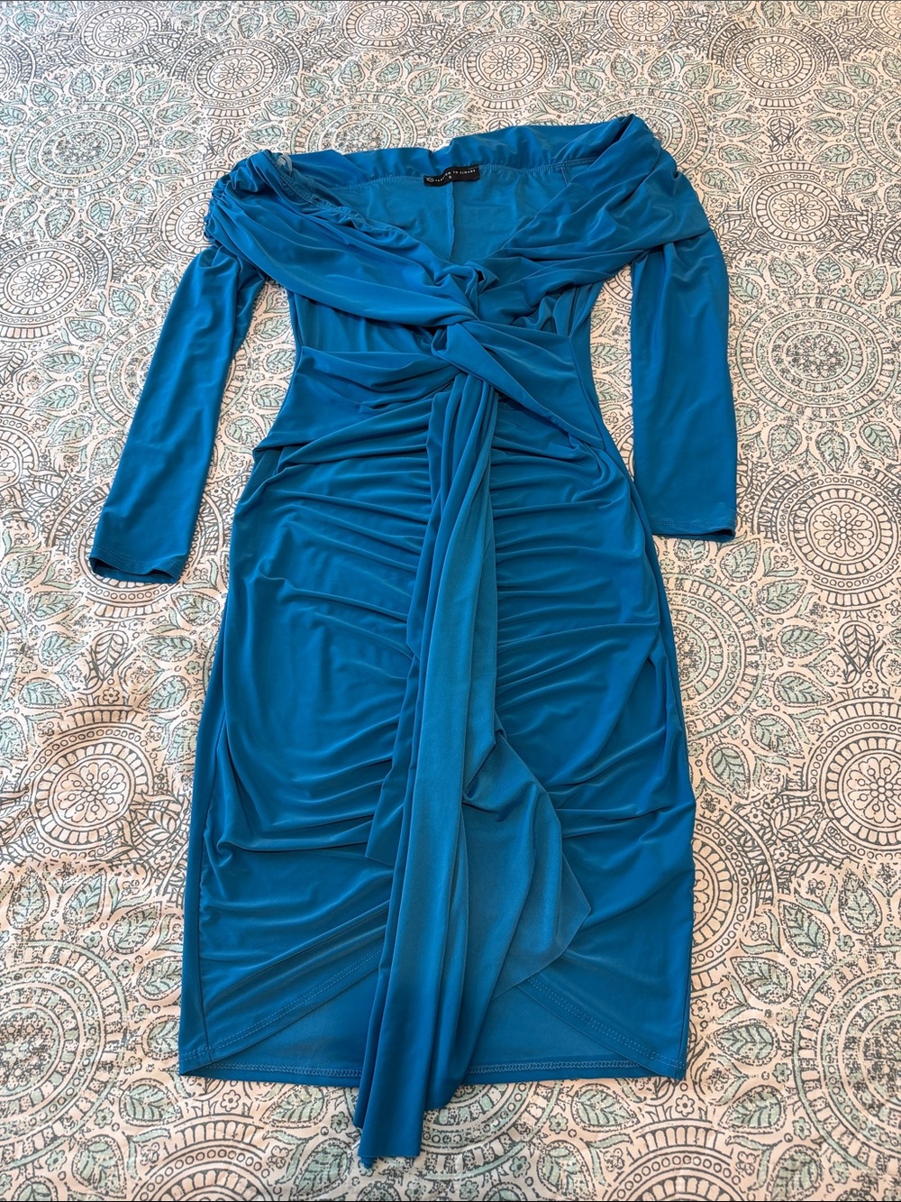 Fashion to Figure Teal Twist-Front Long Sleeve Ruched Bodycon Dress